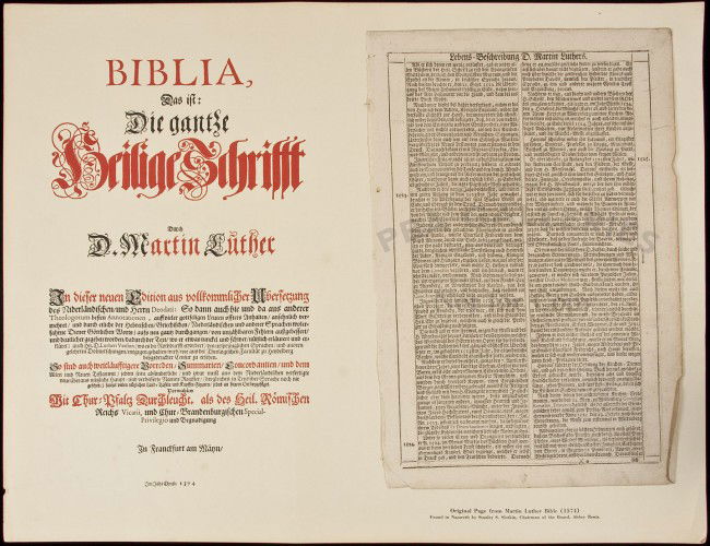 Leaf from the 1574 Martin Luther Bible: Title: Single leaf from the 1574 Martin Luther Bible, being a portion of the Life of Luther Author: ** Description: Text in two columns. (folio) 37.4x24.5 cm. (14¾x9¾"), tipped to backing on which i