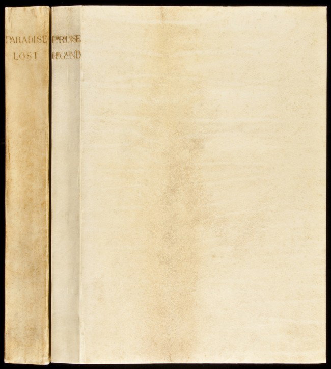 Doves Press Milton One of 300 copies: Title: Paradise Lost [&] Paradise Regain'd Author: Milton, John Description: 2 volumes. (387), [1]; (344) pp. Printed in red and black. (8vo) 23.5x16.5 cm. (9¼x6½"), original full vellum, spines let
