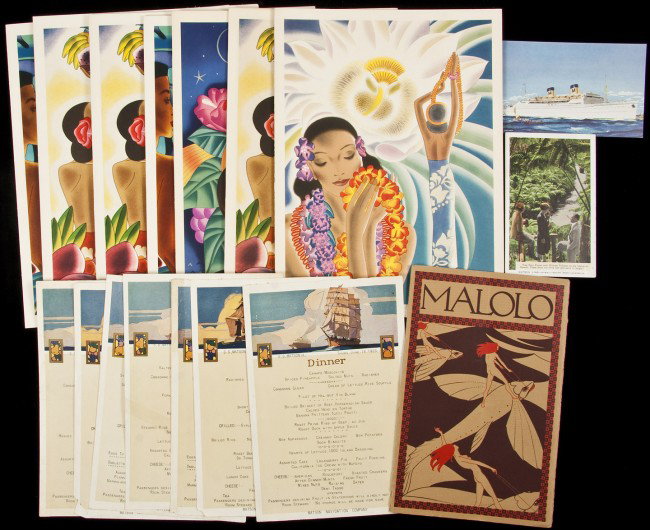 ephemera from various ship lines to Hawaii: Title: Group of ephemera from various ship lines to Hawaii Author: ** Description: Includes: 3 full dinner menus from the Lurline Cruise by Eugene Savage. Plus 4 more dinner menus with illustration on