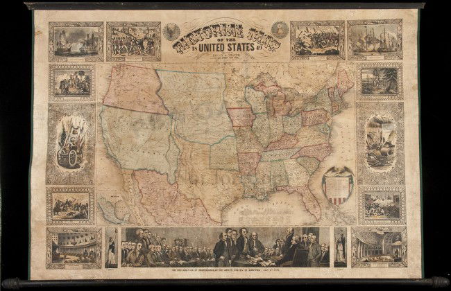 Wall map of U.S. 1849 with Gold Region: Title: Pictorial Map of the United States 1849 Author: Ensign & Thayer Description: Lithographed wall map, hand-colored, surrounded by pictures of historical events. 47x73 cm. (18½x28¾") plus the en