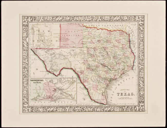 County Map of Texas by Mitchell 1860: Title: County Map of Texas Author: Mitchell, S[amuel] Augustus Description: Lithographed map, hand-colored. 27x34 cm. (10½x13½"), hinged to mat.With inset of Galveston Bay and vicinity. Heading: zzf