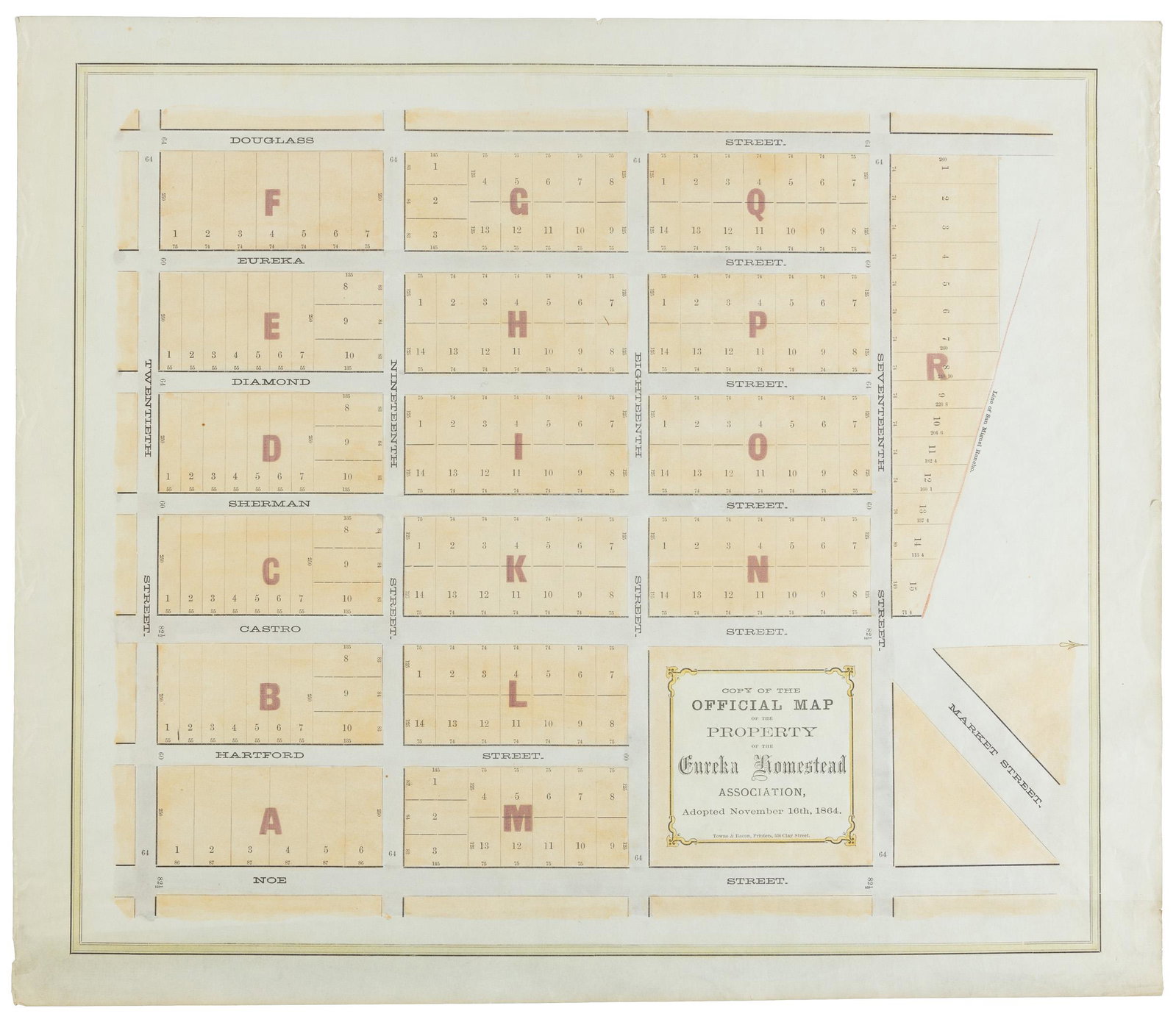 Eureka Homestead in the Castro District, 1864: Heading: -1864 Author: Eureka Homestead Association Title: Copy of the official map of the property of the Eureka Homestead Association, adopted November 16th, 1864 Place Published: San Francisco Publ