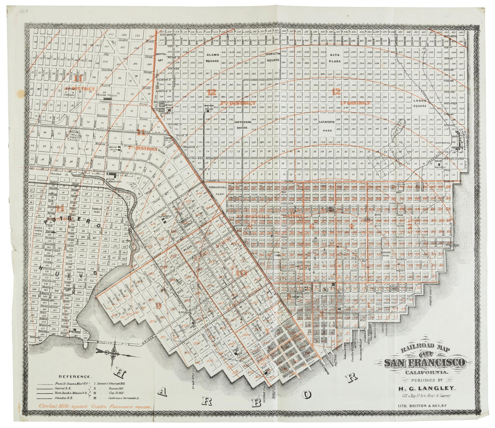 Railroad Map of San Francisco 1864: Heading: -1864 Author: Langley, H.G. Title: Railroad Map of the City of San Francisco, California. Published by H.G. Langley, 612 Clay St. bet. Monty. & Kearney Place Published: San Francisco Publishe