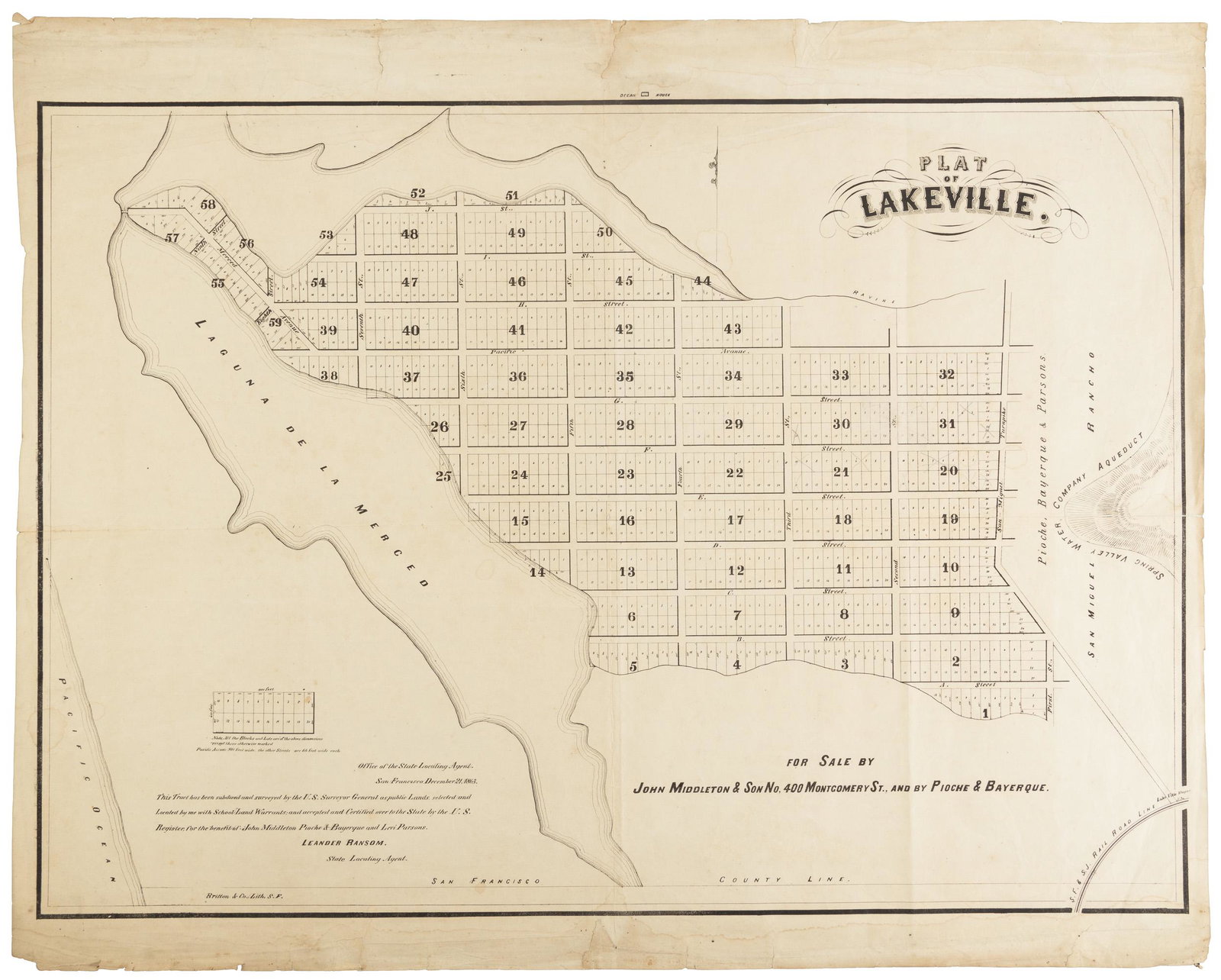 San Francisco's "Lakeville" at Lake Merced: Heading: -1864 Author: Ransom, Leander Title: Plat of Lakeville Place Published: San Francisco Publisher:Britton & Co., Lith., S.F. Date Published: c.1864 Description: Lithograph