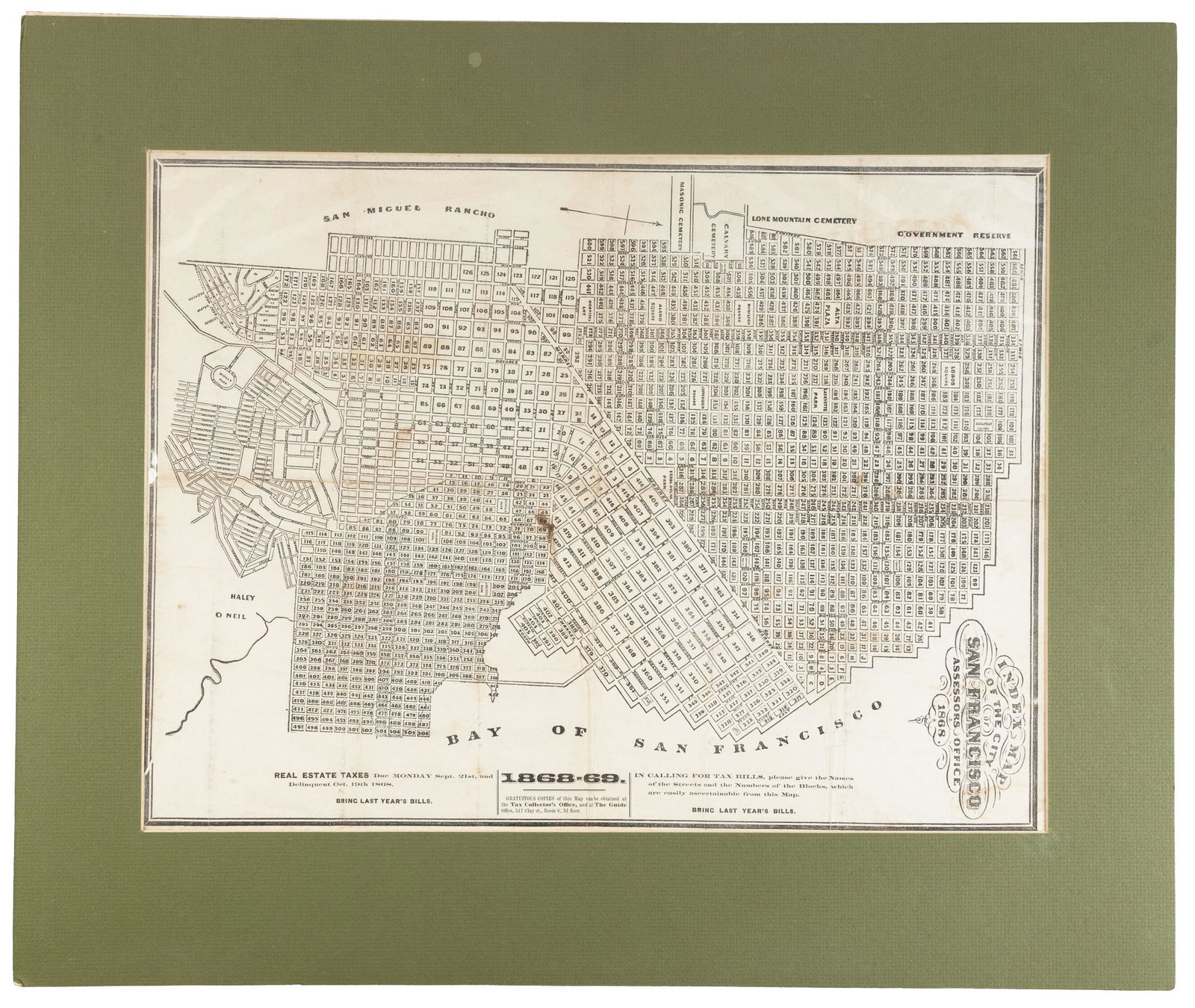 Assessors map of San Francisco 1869: Heading: -1868 Author: Title: Index map of the City of San Francisco: Assessor's Office, 1868 Place Published: [San Francisco] Publisher: Date Published: [1868] Description: Lit