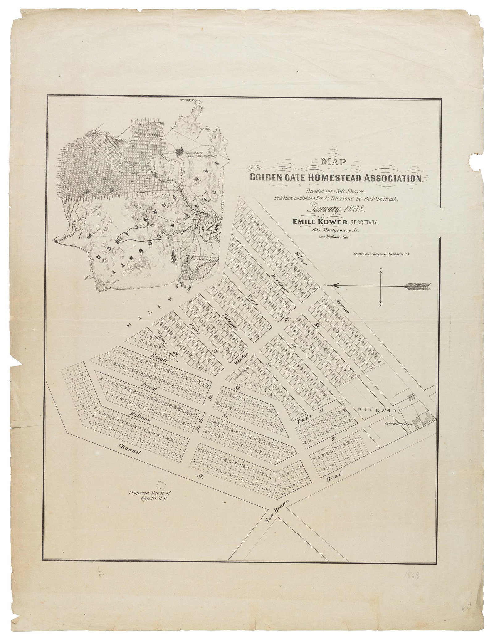 Real estate map for south part of San Francisco 1868: Heading: -1868 Author: Kower, Emile Title: Map of the Golden Gate Homestead Association Place Published: San Francisco Publisher:Britton & Rey's Lithographic Steam Press Date Published: 1868<