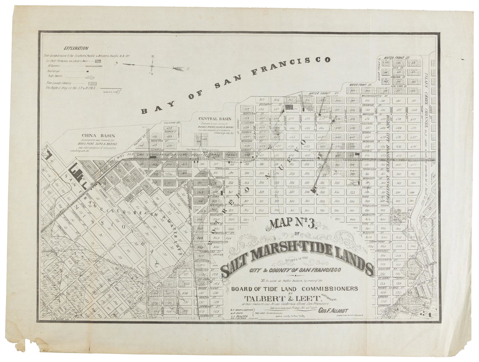 Map of San Francisco Tidelands for sale, 1869: Heading: -1869 Author: Allardt, Geo. F., Surveyor Title: Map No. 3 of Salt Marsh and Tide Lands Situate in the City & County of San Francisco. To be sold at Public Auction, by order of the Boards of T