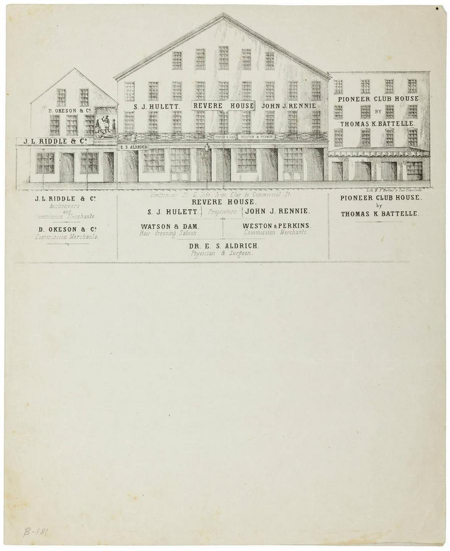 Pictorial Letter Sheet SF buildings: Heading: (Montgomery...) Author: Title: Montgomery St. E. Side from Clay to Commercial St. Place Published: San Francisco Publisher:Lith. B.F. Butler's Date Published: No date Descript