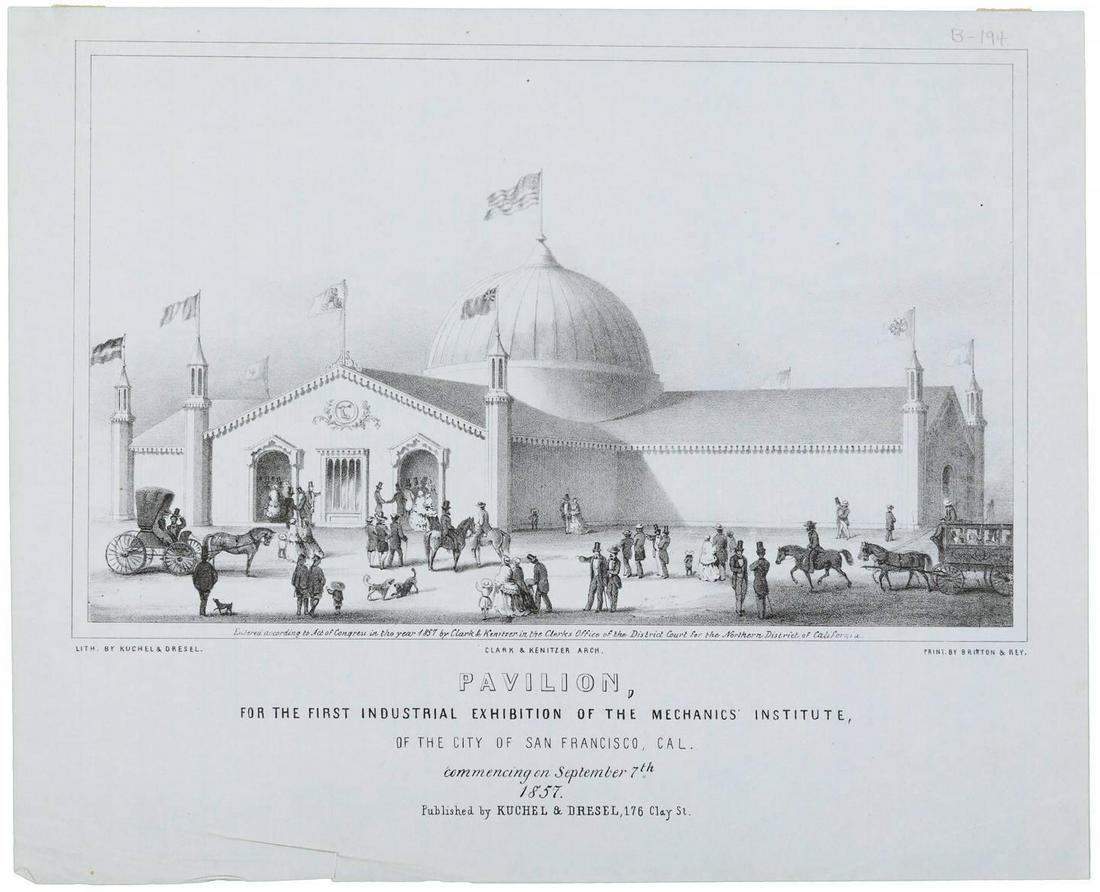 Pictorial Letter Sheet of Pavilion in SF: Heading: (Pavilion...) Author: Title: Pavilion, for the First Industrial Exhibition of the Mechanics' Institute, of the City of San Francisco, Cal. commencing on September 7th, 1857 Place Published: S