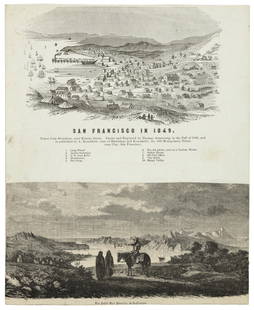 San Francisco in 1849, with added engraving: Heading: (San Francisco...) Author: Title: San Francisco in 1849. Taken from Broadway near Kearny Street. Drawn and Engraved by Thomas Armstrong, in the Fall of 1849, and republished by A. Rosenfield