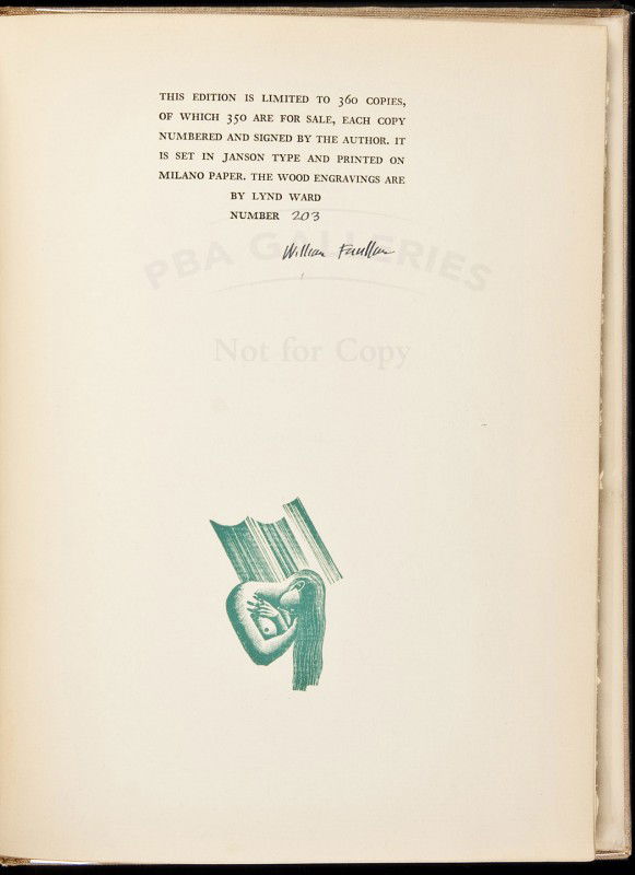 A Green Bough sngd lmtd by Wm Faulkner 1/360: Title: A Green Bough Author: Faulkner, William Description: 67 pp. Illustrated with tipped-in frontispiece woodcut and a woodcut vignette in the colophon, both green tinted, by Lynd Ward. Beige linen,