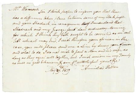 1819 Letter concerning slave dispute: Heading: (African-American, 1819) Author: Shelton, Armistead Title: Letter regarding a dispute between enslaved people in Virginia, 1819. Place Published: [Pittsylvania, Virginia] Publisher: Date