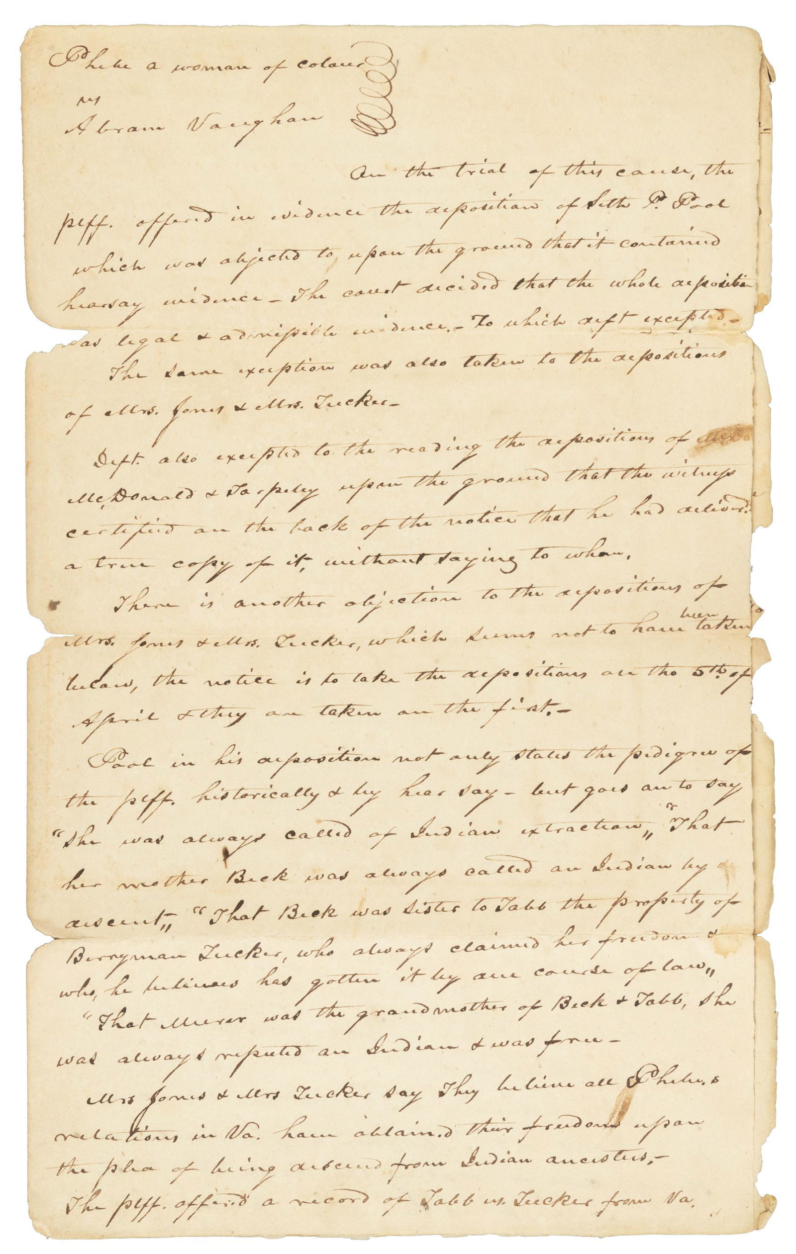 Manuscript document on early court case of slave law (1 of 3)