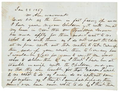 1857 Letter on care of enslaved children: Heading: (African-American, 1857)Author: Pass, Thomas Y.Title: Letter regarding care of enslaved children in Virginia, 1857. Place Published: [Pittsylvania, Virginia] Publisher: Date Published: 1857