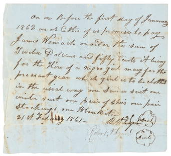 1861 Promissory note for enslaved woman: Heading: (African-American, 1861)Author: Lynn, Robert F. and Robert V.Title: Promissory note regarding temporary service of enslaved woman in Virginia, 1861. Place Published: [Pittsylvania, Virginia]