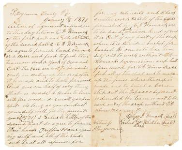 1871 Sharecropping agreement, Virginia: Heading: (African-American, 1871)Author: Womack, Chas A.Title: Sharecropping agreement, Pittsylvania County Place Published: Pittsylvania County, Virginia Publisher: Date Published: 1871 Description: