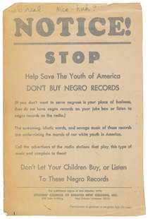 1965 handbill against black music: Heading: (African-American, 1965)Author: Title: NOTICE! STOP Help Save the Youth of America: DON'T BUY NEGRO RECORDS Place Published: New Orleans Publisher:Citizen's Council Of Greater New Orleans