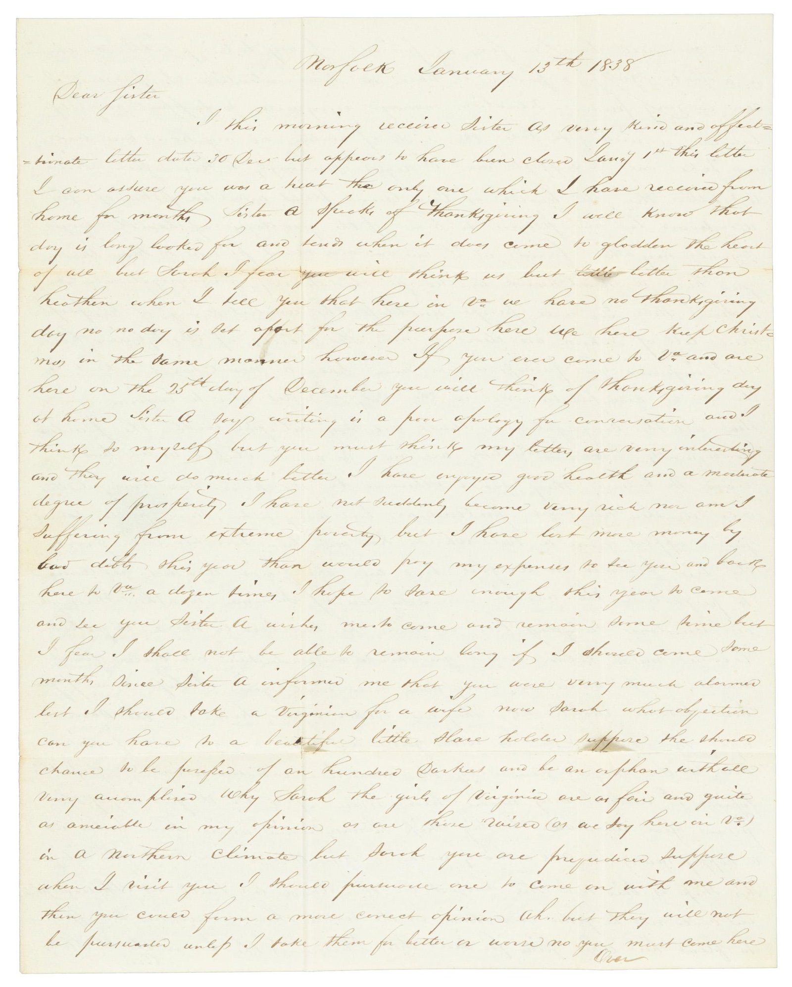 Yankee lawyer in Virginia about anti-slavery prejudice: Heading: (Anri-Slavery) Author: Goodridge, Sewall Title: New England lawyer chides his sister for her anti-slavery bias against Southerners Place Published: Norfolk, Virginia Publisher: Date Publ