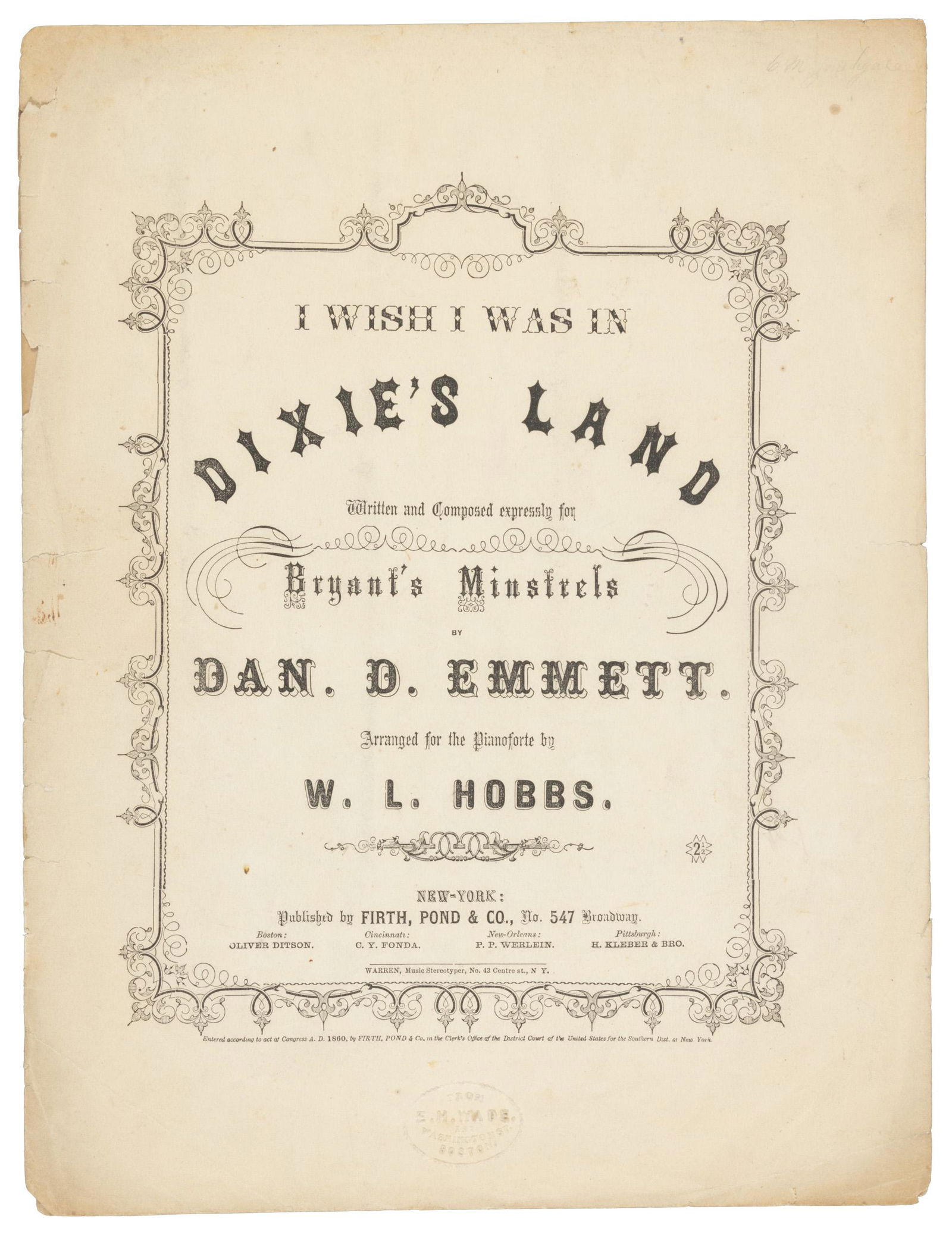 Early northern printing of “Dixie”, Confederate anthem (1 of 4)