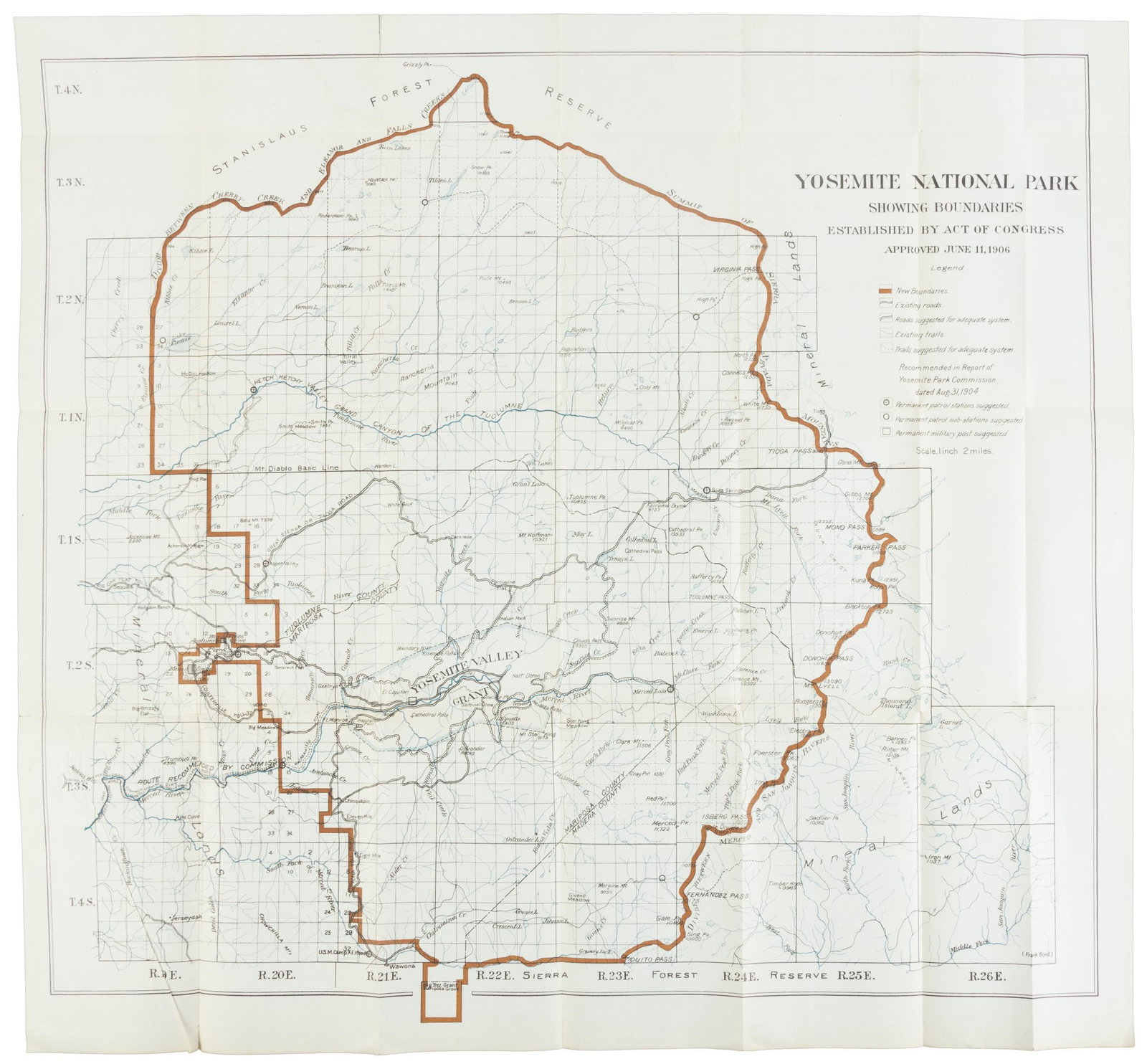 Scarce map of Yosemite, 1909: Heading: (California - Yosemite) Author: Bond, Frank Title: Yosemite National Park, showing boundaries established by Act of Congress. Approved June 11, 1906 Place Published: No place Publisher:
