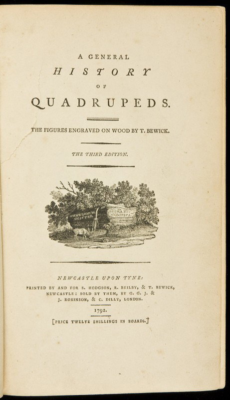 Thomas Bewick General History of Quadrupeds: Title: A General History of Quadrupeds Author: Bewick, Thomas Description: x, 483, pp. Illustrated throughout with wood engravings by Thomas Bewick. 9x5¾, period marbled boards with modern calf rebac