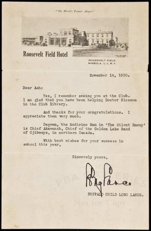Chief Buffalo Child Long Lance Typed Letter Signe: Title: Typed letter, signed Author: Chief Buffalo Child Long Lance Description: Typed letter signed, on Roosevelt Field Hotel, letterhead.In full: "Yes, I remember seeing you at the Club. I am glad th
