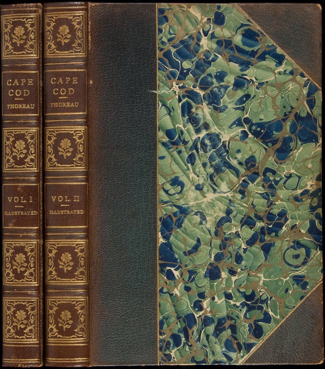 Cape Cod finely bound in 2 vols. Thoreau, illus.: Title: Cape Cod Author: Thoreau, Henry David Description: 2 vols. vi, [2], 173; [4], 208 pp. Illustrated from sketches in colors by Amelia M. Watson; frontispieces with tissue-guards. 18.9x12.5 cm. (7
