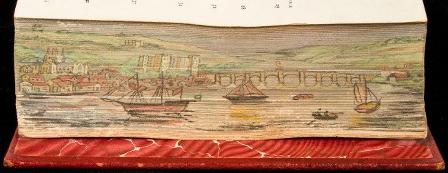 Divine Comedy by Dante with Fore Edge Painting: Title: The Divine Comedy of Dante Alighieri Author: Dante Alighieri Description: viii, 760 pp. (8vo), full red morocco ruled in gilt, morocco spine label, marbled endpapers, all edges gilt.With fore-e