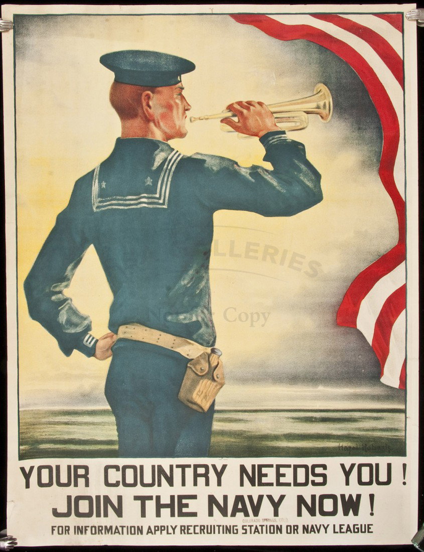 WWI poster recruiting for U.S. Navy: Title: Your Country Needs You! Join the Navy Now! For information apply recruiting station or Navy League Author: Roberts, Hazel Description: Color lithographed poster. 63x49 cm. (24¾x19¼").A sailor