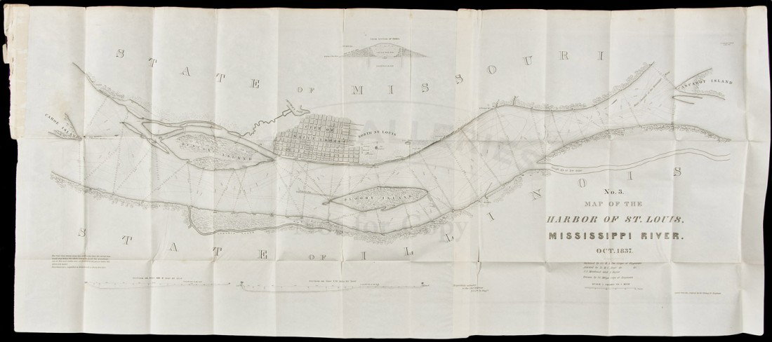 Robert E. Lee Maps St. Louis Harbor 1837: Title: No. 3 Map of the Harbor of St. Louis, Mississippi River Author: Lee, Robert E. Description: Engraved map, on two sheets joined together. 42x107 cm. (16½x42").One of the maps Lee produced of th