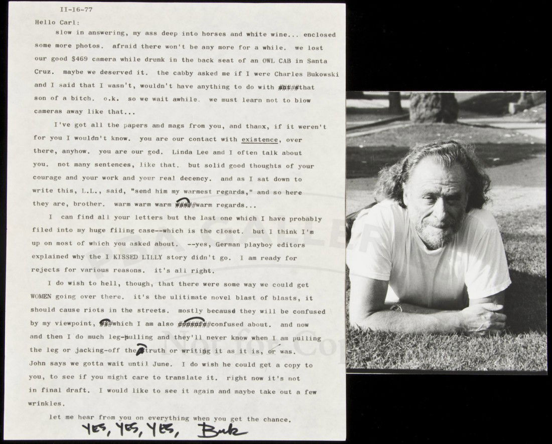 Bukowski TLs to Carl Weissner with photo: Title: Typed Letter, signed, to Carl Weissner - with photograph by Linda Lee Beighle Author: Bukowski, Charles Description: Typed Letter, signed, with holograph corrections. 11x8½". Signed at close '