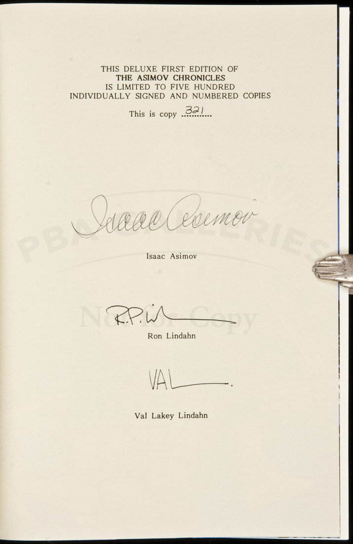 The Asimov Chronicles Signed Limited Edition: Title: The Asimov Chronicles: Fifty Years of Isaac Asimov Author: Asimov, Isaac Description: 678 pp. Edited by Martin H. Greenberg. Illustrated by Ron Lindahn and Val Lakey Lindahn, including a color 