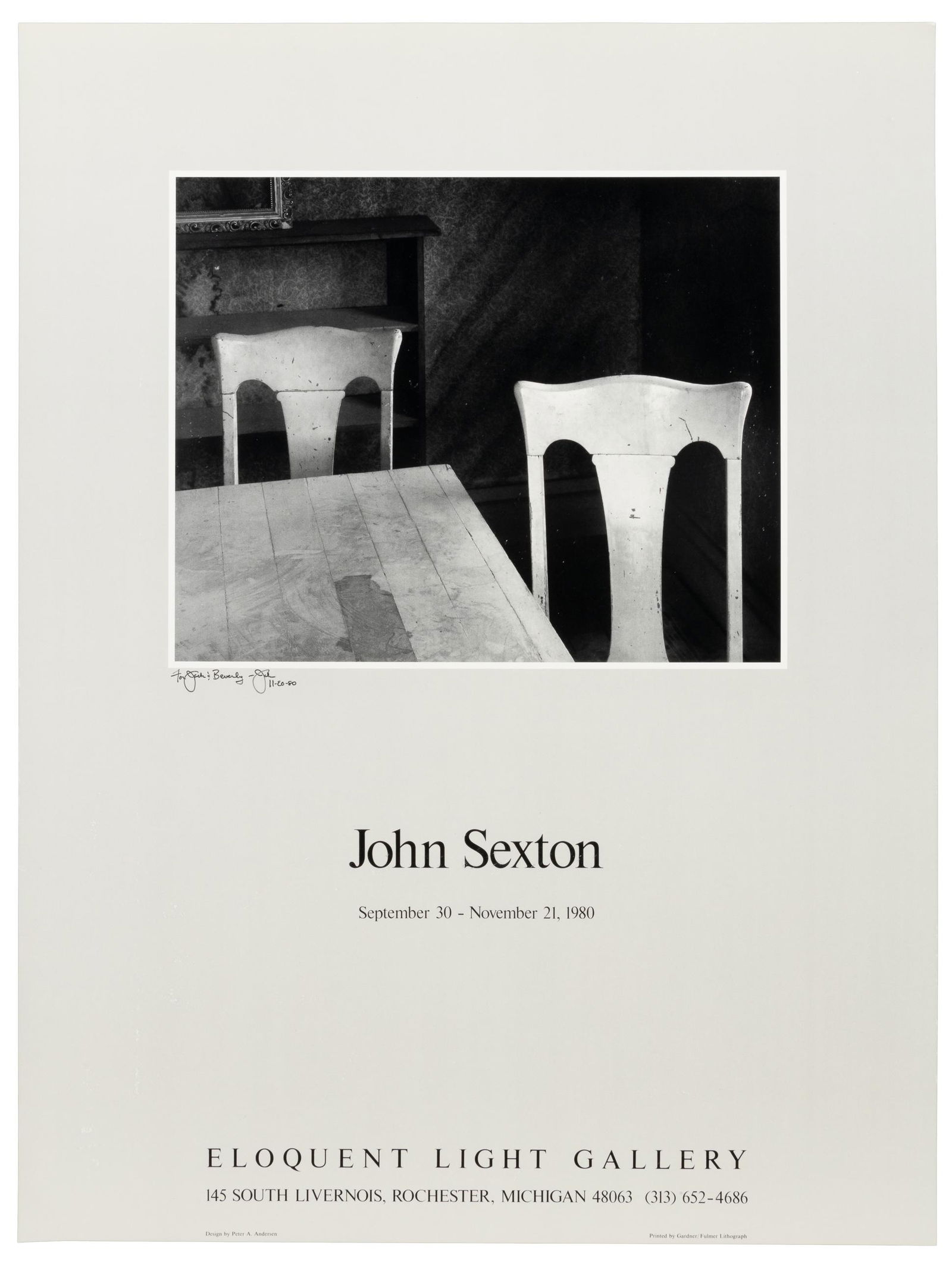 Signed by John Sexton, inscribed to Waltmans: Heading: Author: Sexton, John Title: John Sexton: September 30-November 21, 1980 Place Published: Rochester, MI Publisher:Eloquent Light Gallery Date Published: 1980 Description: <