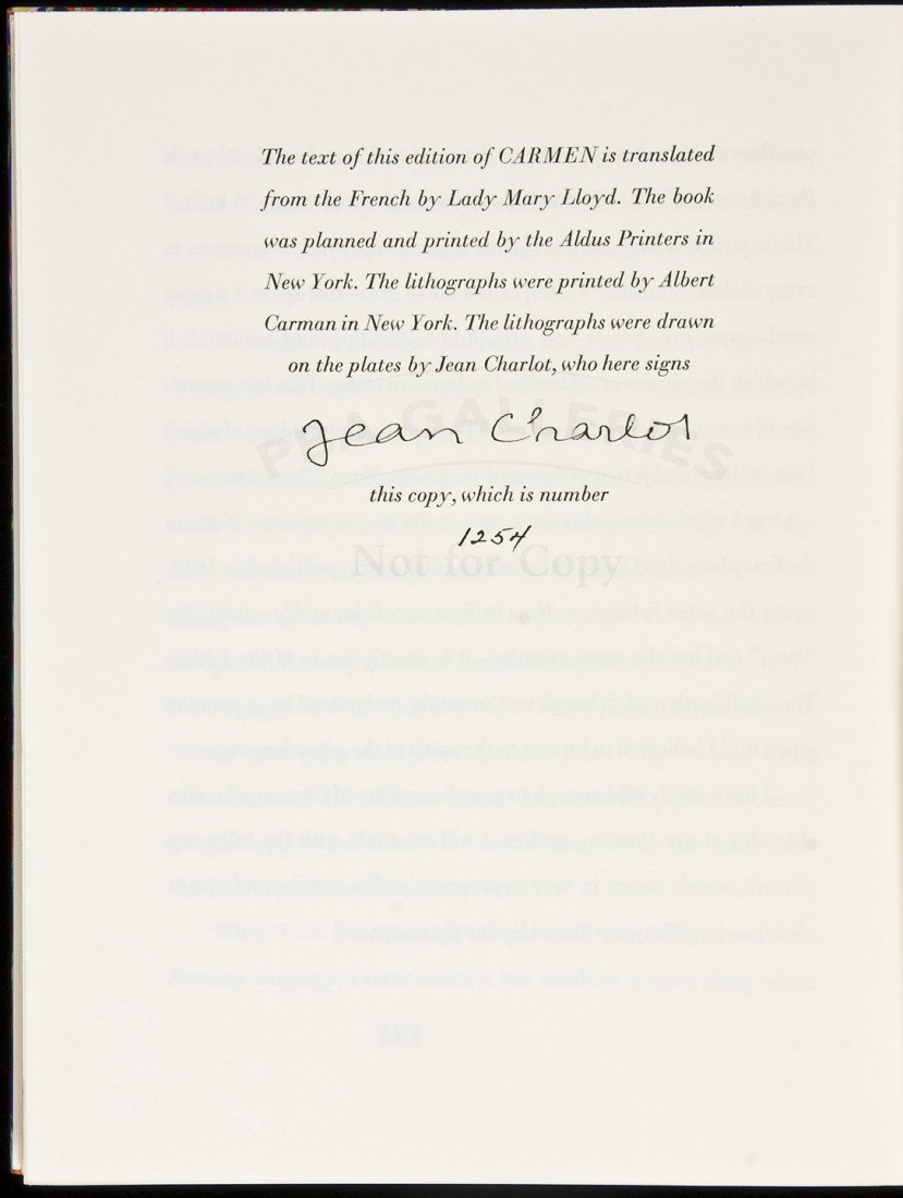 Carmen LEC edition signed by illus. 1941: Title: Carmen Author: Mérimée, Prosper Description: Translated by Lady Mary Lloyd. Introduction by Konrad Bercovici. Illustrated with lithographs in color by Jean Charlot. 10¼x7¼", cloth-backed co