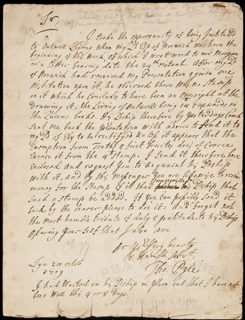 Letter from Bishop of Moore about Queen's books: Title: Autograph Letter Signed by Thomas Pyle to the secretary of John Moore, Bishop of Ely Author: Pyle, Thomas Description: 1 page letter, on 4 page folio letter sheet, from Thomas Pyle (1674-1709)