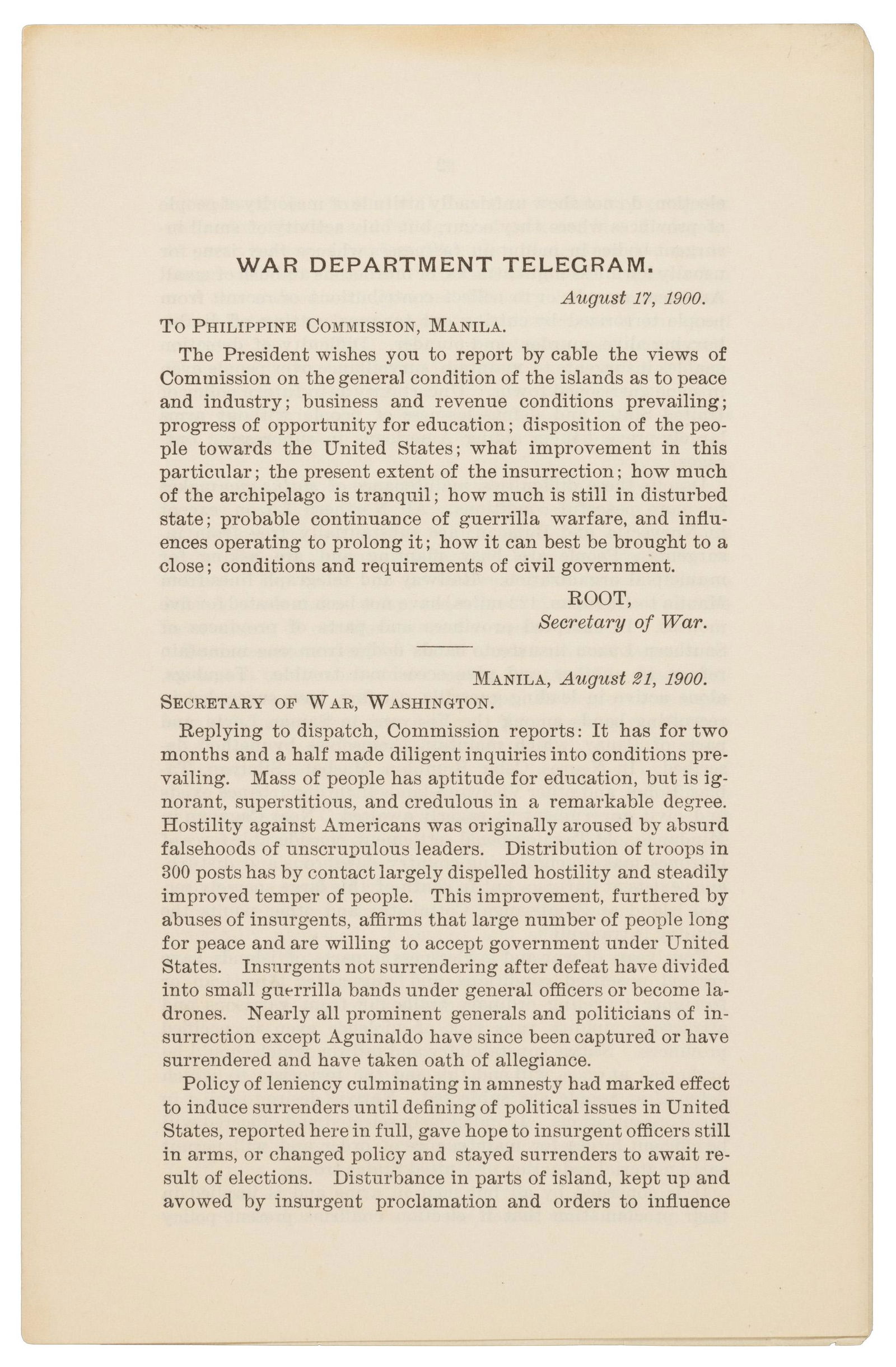 Philippine Commission reports on Aguinaldo's rebels (1 of 3)