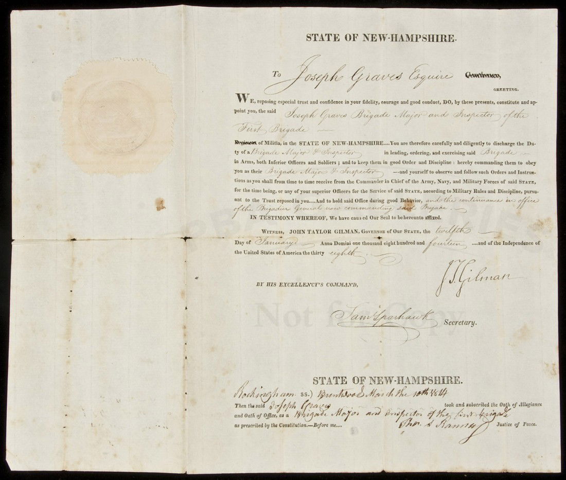 John T. Gilman Governor of New Hampshire: Title: Document Signed as Governor of New Hampshire Author: Gilman, John Taylor (1753-1828) Description: Printed document, completed by hand. 31x36.5 cm. Wax seal affixed at left.Document appointing J