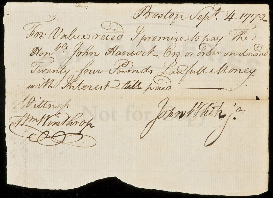 Document for a loan from John Hancock 1772: Title: Autograph Document, signed by John White and William Winthrop for a loan from John Hancock to White Author: White, John, Jr. and William Winthrop Description: Autograph Document, signed. Approx