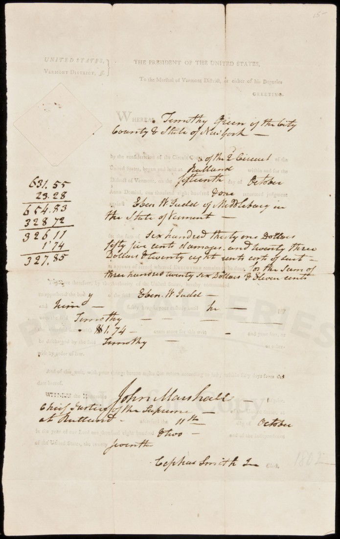Arrest Warrant issued by John Marshall: Title: Arrest warrant for Eben Judd issued by Chief Justice John Marshall Author: Marshall, John Description: Partially printed document, completed by hand. Single sheet, approximately 31.5x19.3 cm (1