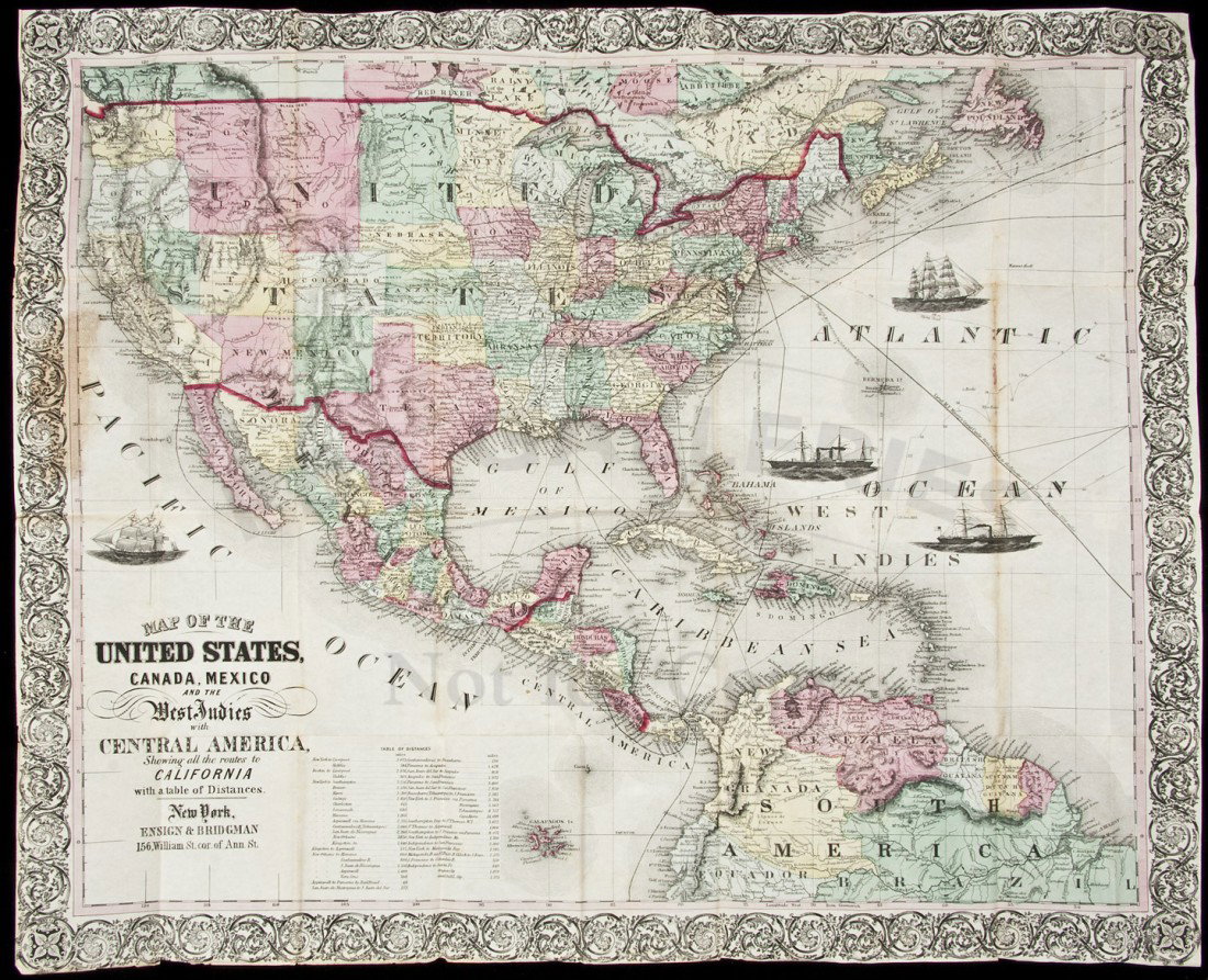 Ensign's maps of US, Canada, etc. c. 1863-4: Title: Map of the United States, Canada, Mexico, and the West Indies with Central America, Showing all the routes to California with a table of distances Author: Ensign & Bridgman Description: Folding