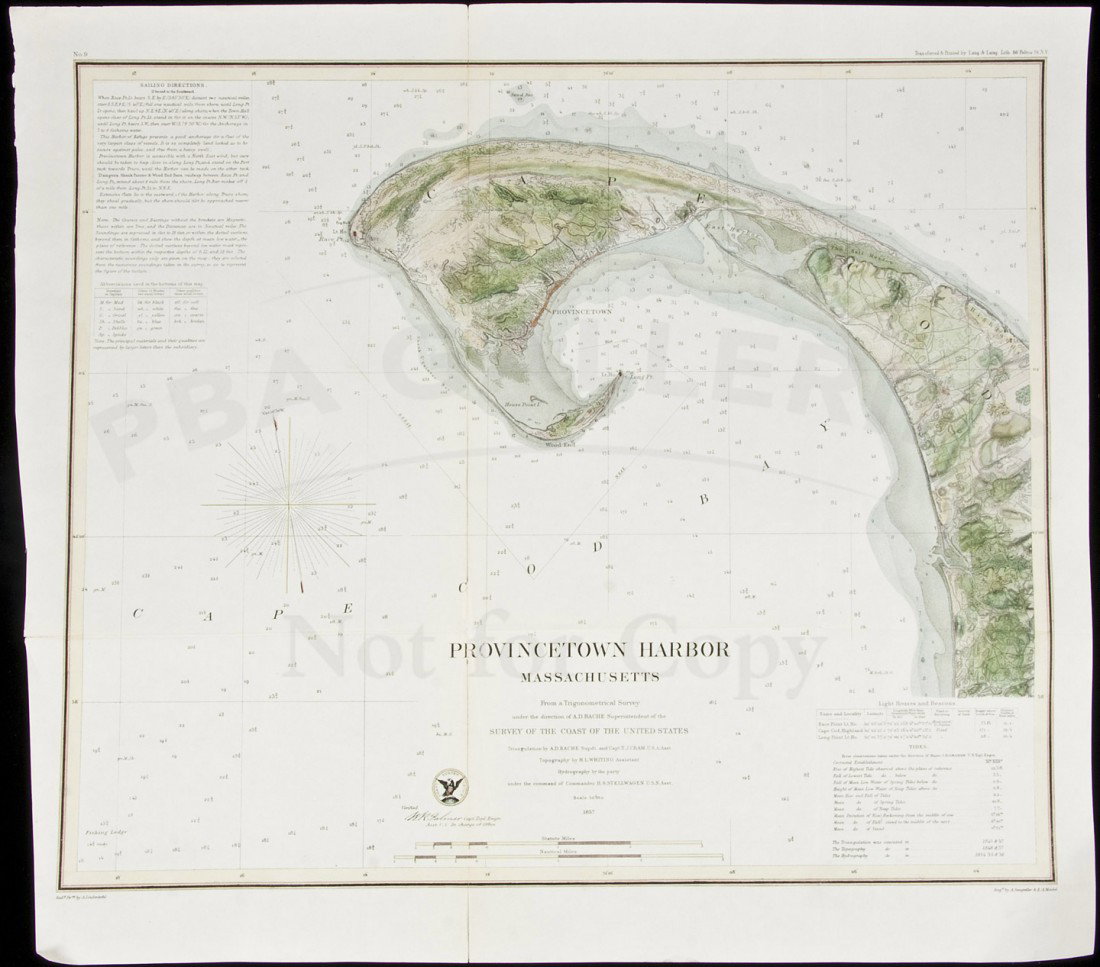 Chart of Cape Cod 1857: Title: Provincetown Harbor, Massachusetts Author: U.S. Coast Survey Description: Lithographed chart, modern hand-coloring. 37x44 cm. (14½x17½").Chart of the tip of Cape Cod. Heading: zzhPlace Publis
