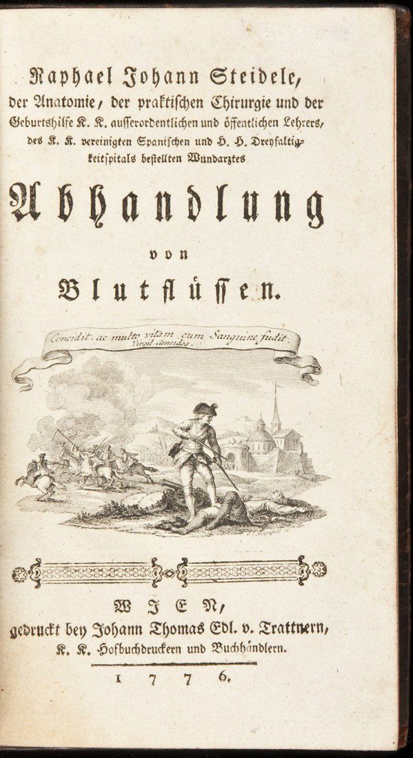 2 German medical publications in 1 vol. 1700s: Title: Abhandlung von Blutflüssen. [Bound with] Allgemeine anleitung zur Vorbeugung sowohl als zur Heilung der Hundwuth Author: Steidele, Raphael Johan [and] Storck, Anton Description: [12], 145; 56 