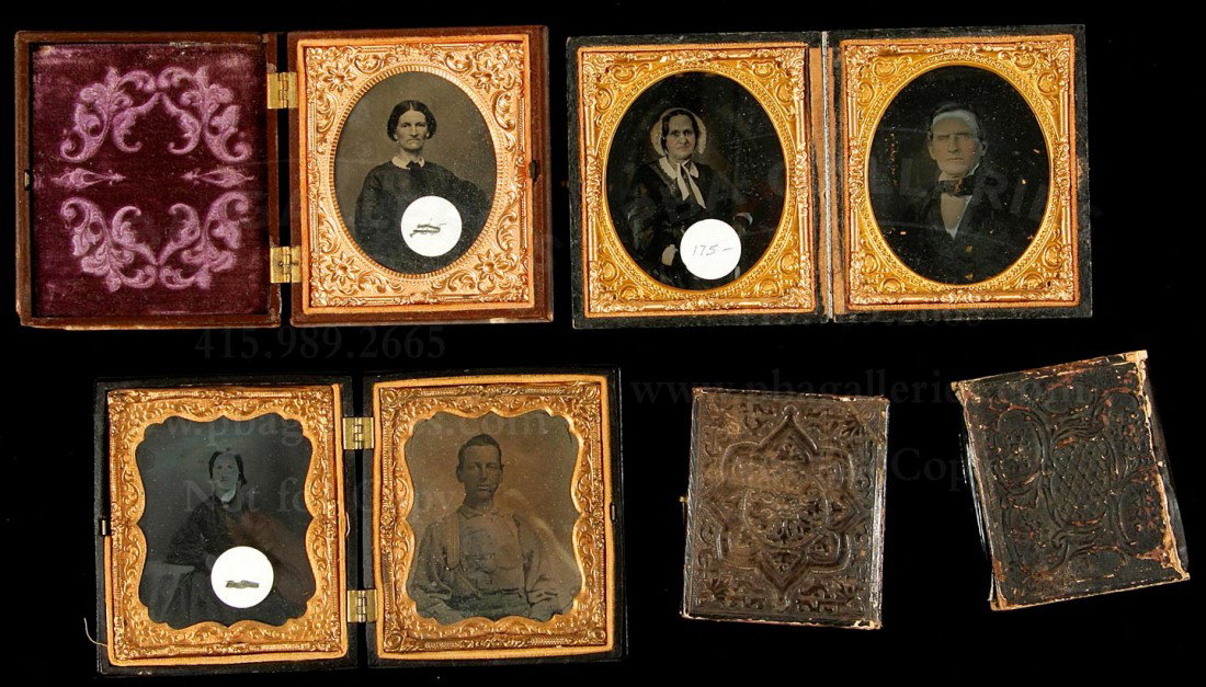 four cased tintype photographs, 1 ambrotype: Title: Five cased photographs Author: ** Description: Portraits of unidentified persons. Four cased tintypes portraits (one with two photographs inside) and 1 case with two ambrotype portraits. Two me