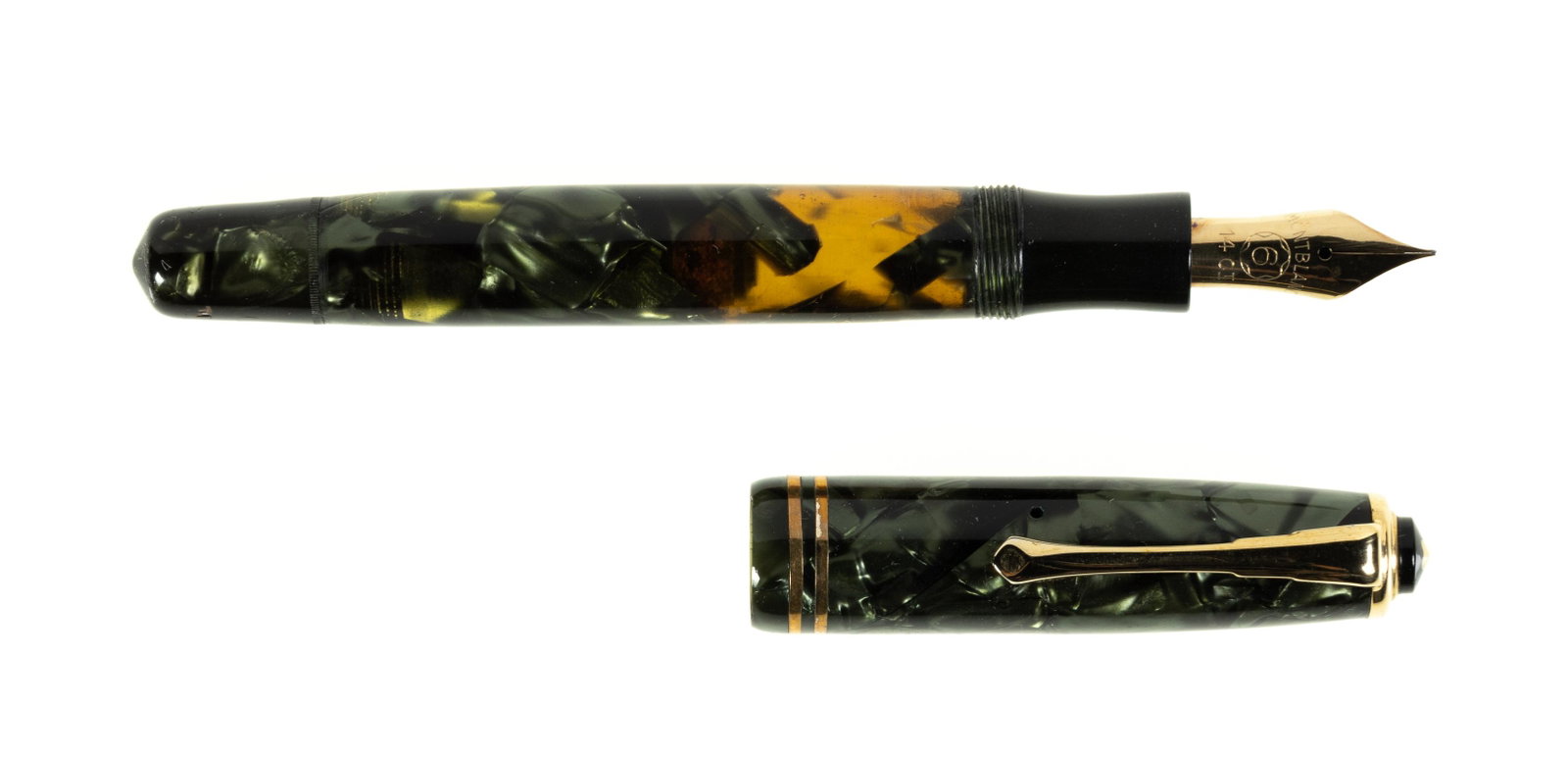 MONTBLANC No. 246 Green Marbled Celluloid Fountain Pen, Danish, c.1950: Heading: Author: Montblanc Title: No. 246 Marbled Green Celluloid Fountain Pen, Danish Place Published: Publisher: Date Published: c.1950 Description: No. 246 marbled gree