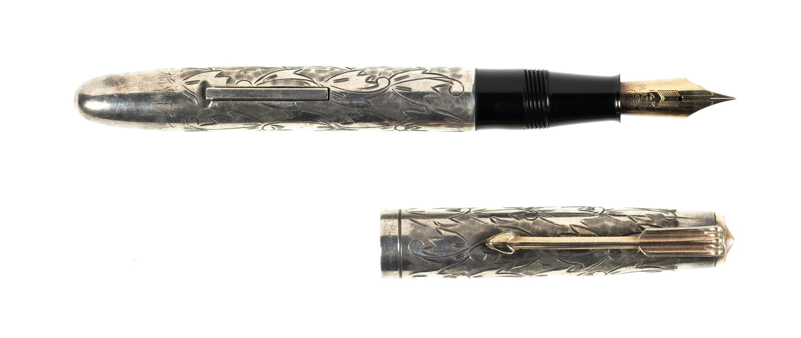 PLATINUM Silver Lever-Filler FP, Leaves Pattern, Pre-War (1 of 3)