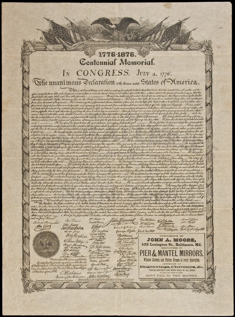 Centennial printing of the Declaration: Title: Centennial broadside printing of the Declaration of Independence Author: ** Description: Broadside lithograph, 50x37 cm. (19¾x14½").With an inset advertisement at the lower right for John A. 