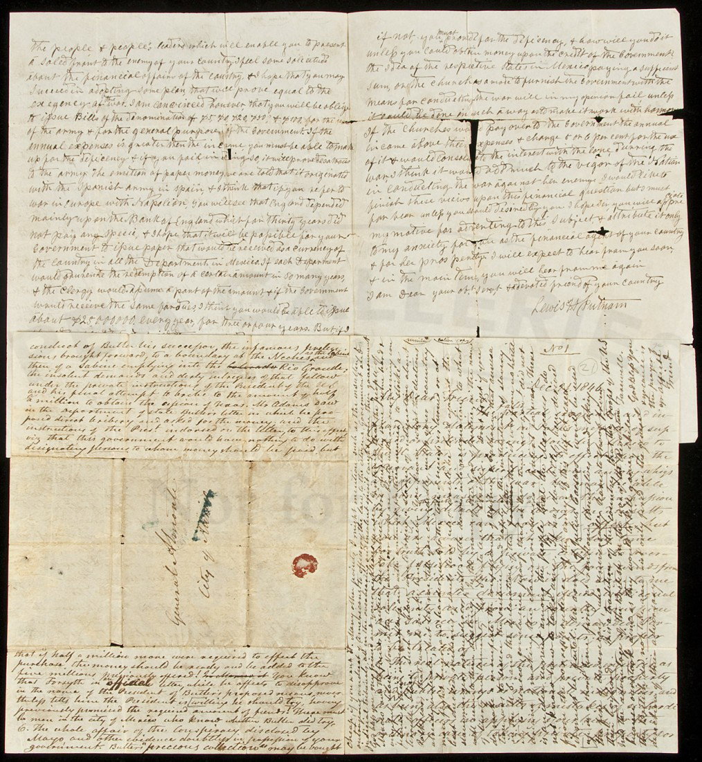 Letters against Mexican War 1846-47: Title: Two holograph letters to General Juan Nepomuceno Almonte castigating the U.S. movement towards war and criticizing James K. Polk Author: Putnam, Lewis H. Description: 4 pages and 3 pages, on 4-