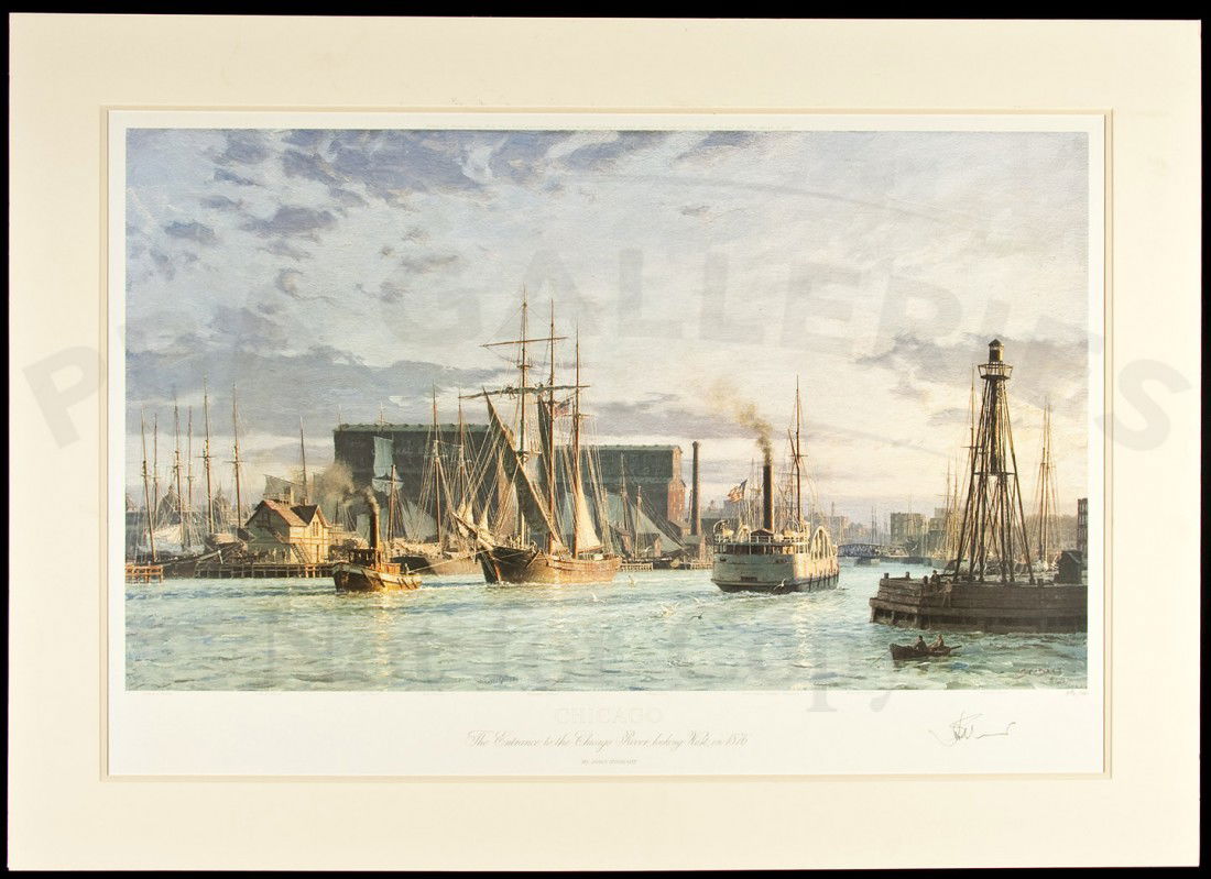 Chicago entrance to River sgnd litho John Stobart: Title: Chicago: The Entrance to the Chicago River, Looking West, in 1876 Author: Stobart, John (b.1929) Description: Chromolithograph of the original painting. 22x32¾ image on 26½x35¾ paper. Signed