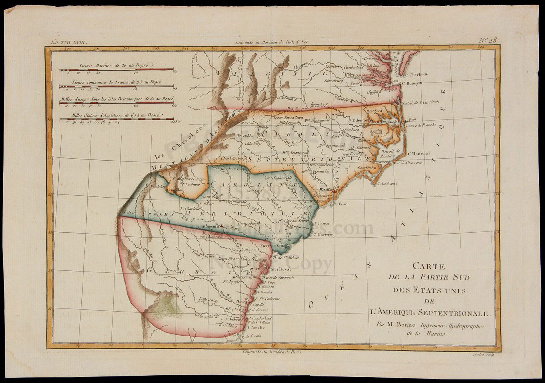 Bonne Map of southern U.S. c.1780: Title: Carte de la Partie Sud des Etats Unis de l'Amerique Septentrionale Author: Bonne, Rigobert Description: Copper-engraved map, later hand-coloring. 21x32 cm. (8½x12½").The southern states just 