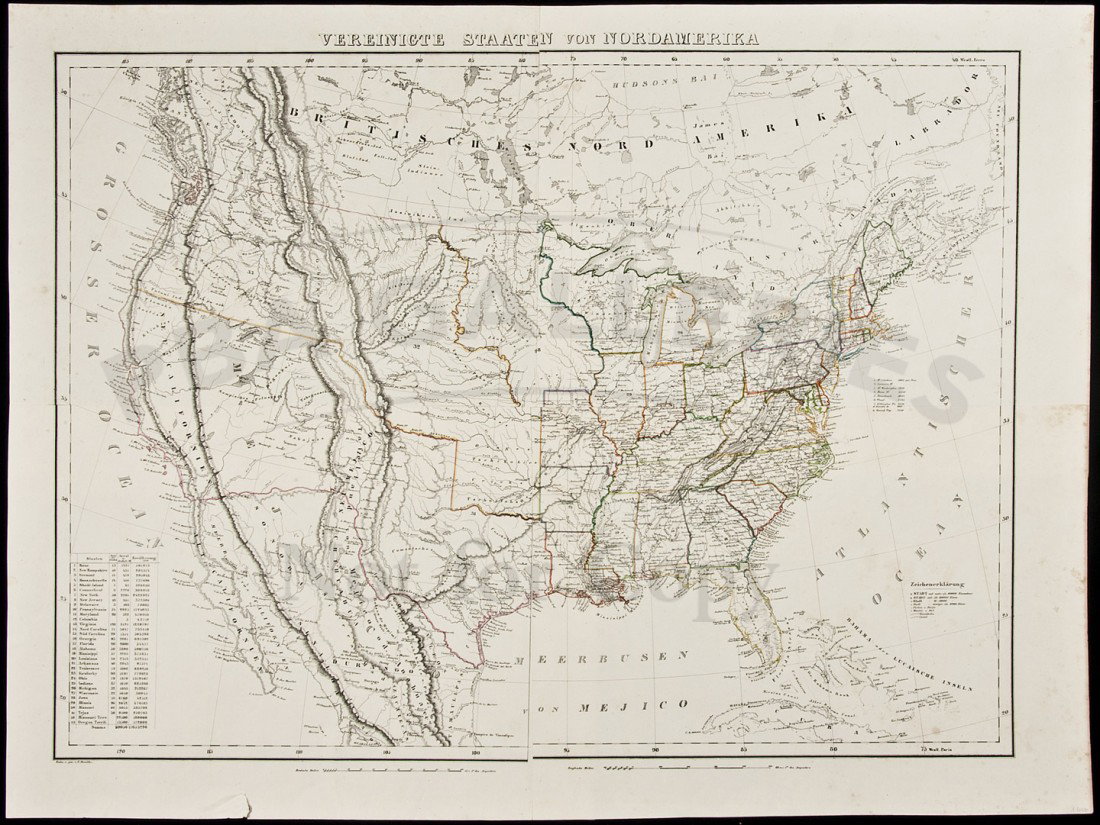 German map of U.S. c.1846: Title: Vereinigte Staaten von Nordamerika Author: Handtke, Friedrich H. Description: Lithographed map, hand-colored in outline, on 4 sheets joined together. 51x69 cm. (20x27").Detailed German map of t